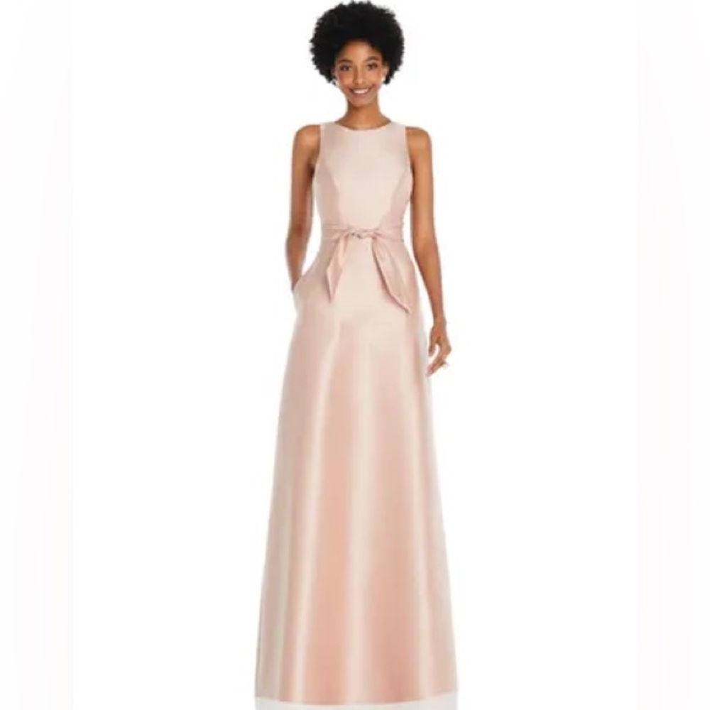 ALFRED SUNG Blush Satin Maxi Dress with Waist Tie